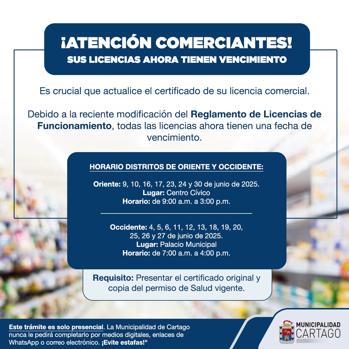 La Municipalidad de Cartago solicita a comerciantes  renovar licencias comerciales de forma presencial