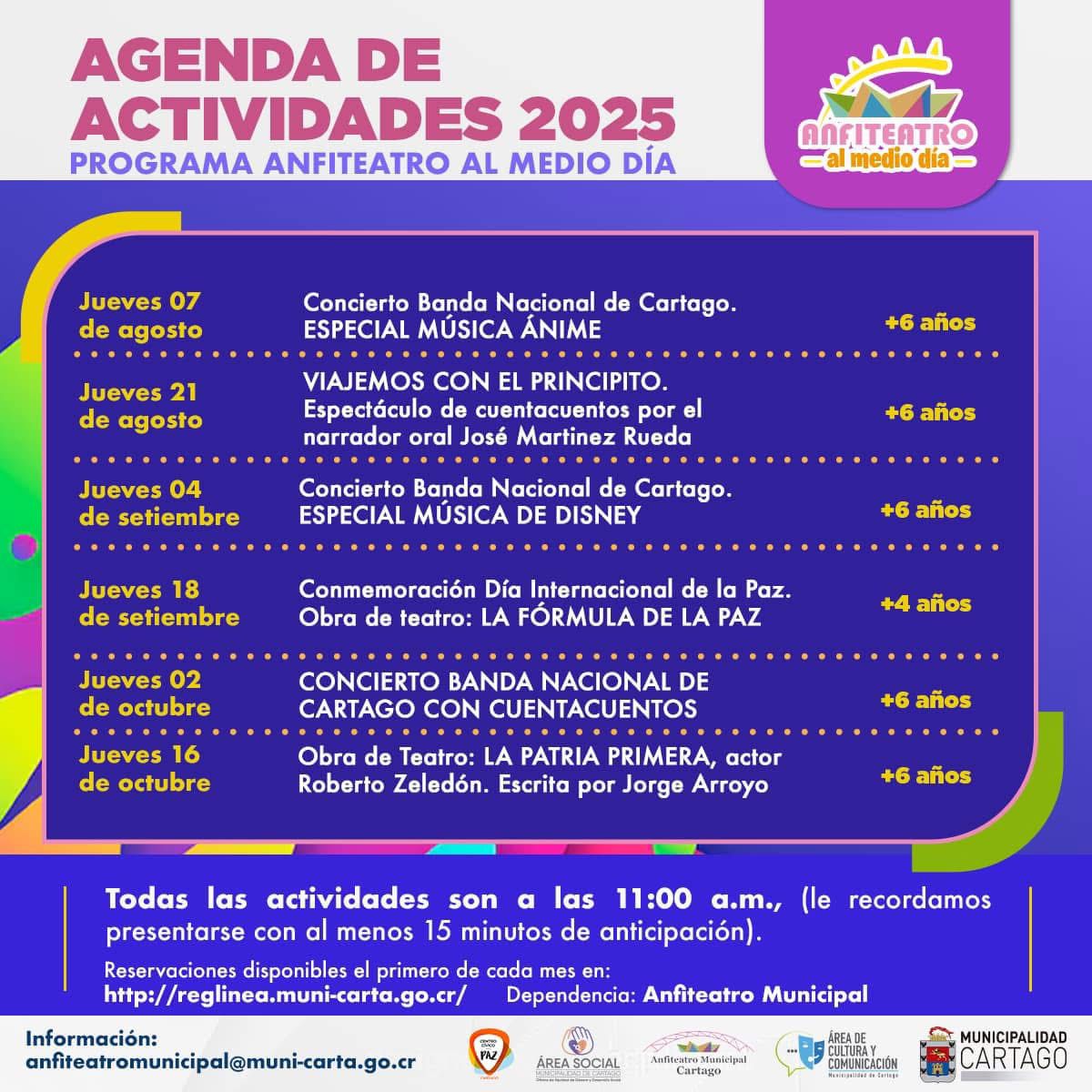 Agenda de Actividades del programa Anfiteatro Al Medio Día para el mes de agosto y setiembre, 2025