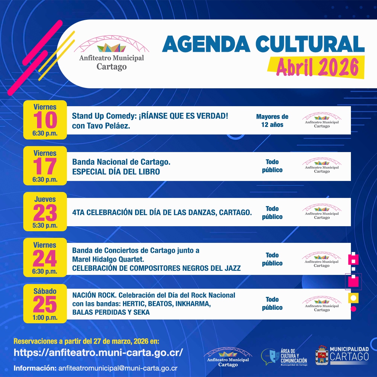 Agenda de actividades culturales abril 2026